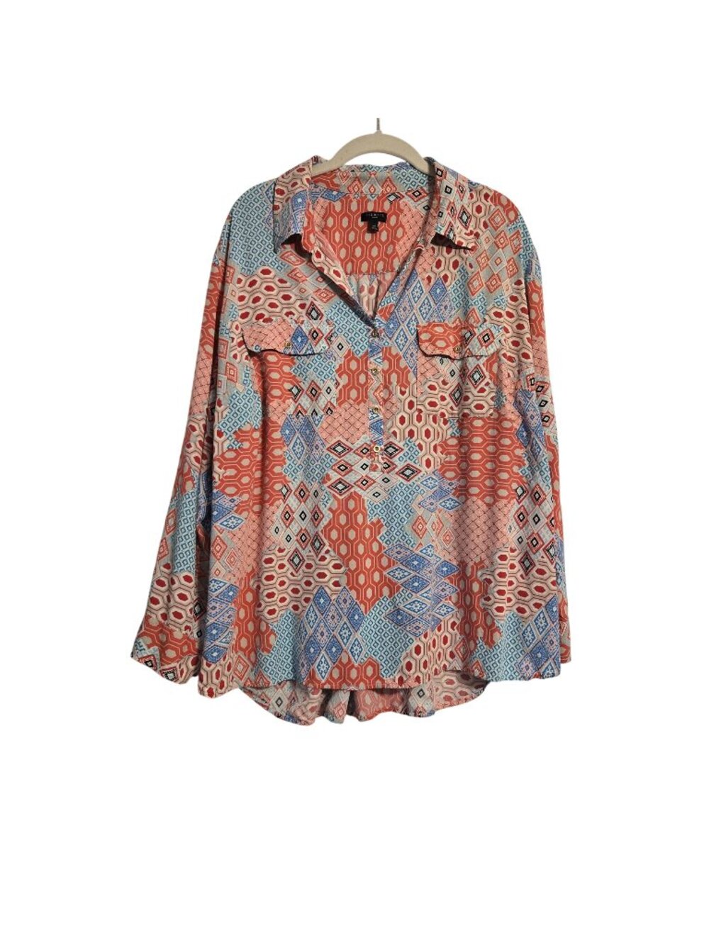 Talbots Patchwork Geometric Multicolor Roll Tab 1/4 Button-up Blouse 2X